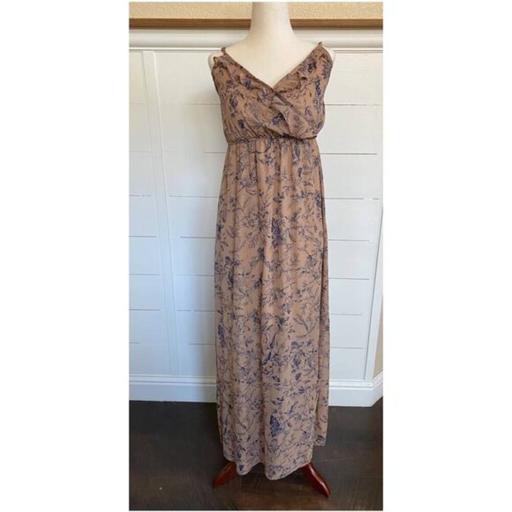 Nordstrom Soprano Brown Tan w/Navy Flowers Sheer Ruffled Flowy Dress XS NWT - Picture 1 of 10